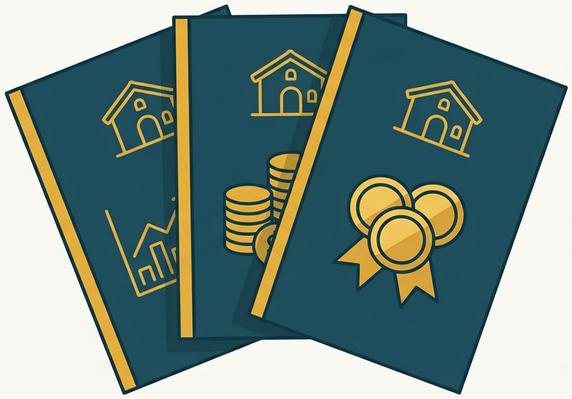 Three fanned sample report covers representing a pack of reports